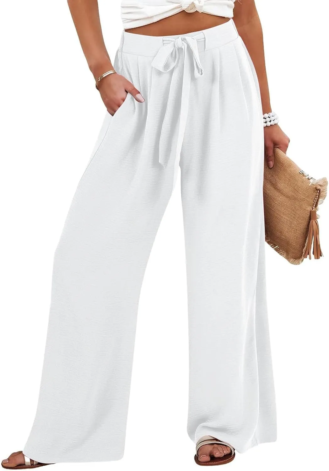 Women's Linen Palazzo Pants Summer Boho Loose Wide Leg High Elastic Waisted Lounge Casual Beach Clothes with Pockets