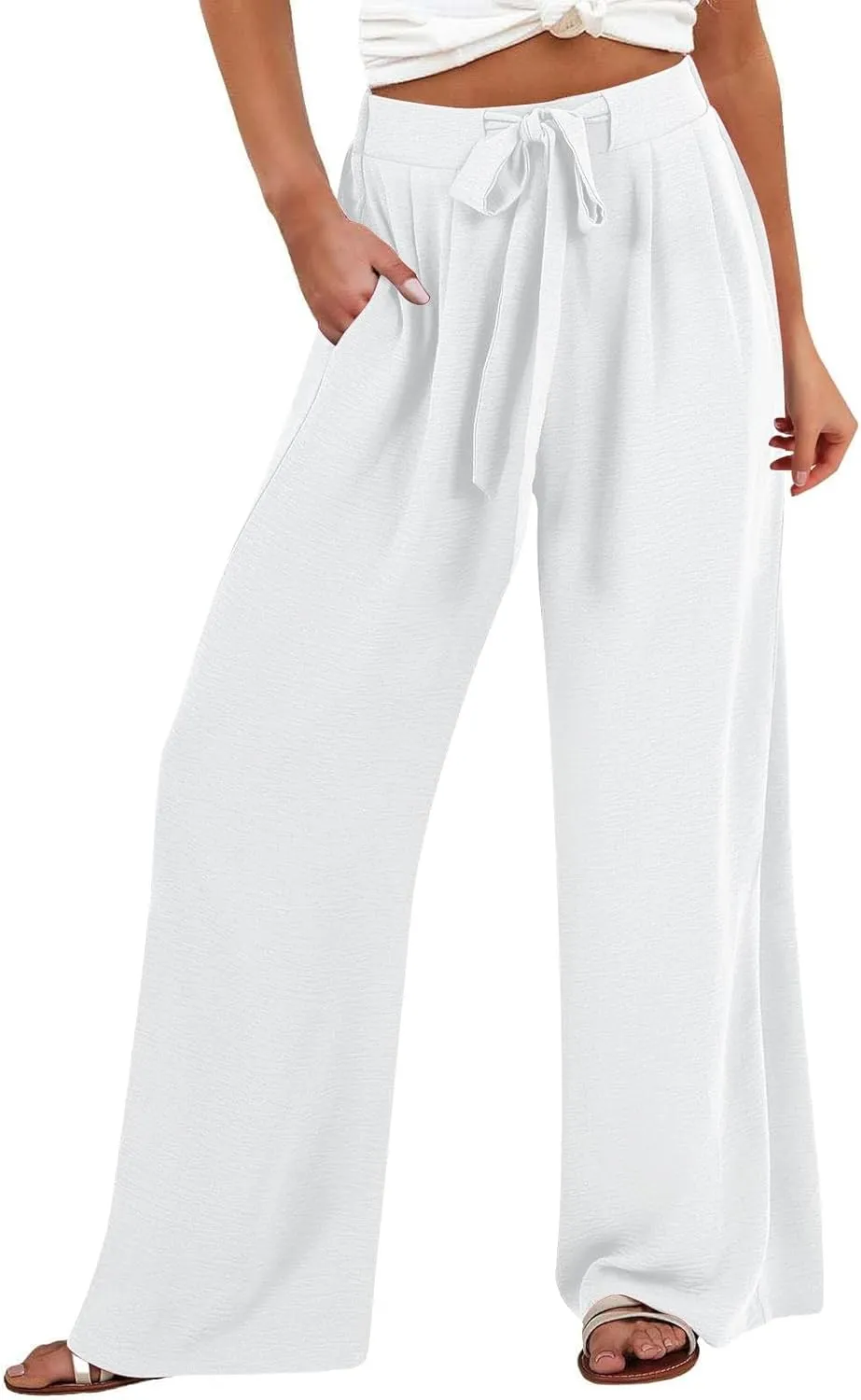 Women's Linen Palazzo Pants Summer Boho Loose Wide Leg High Elastic Waisted Lounge Casual Beach Clothes with Pockets