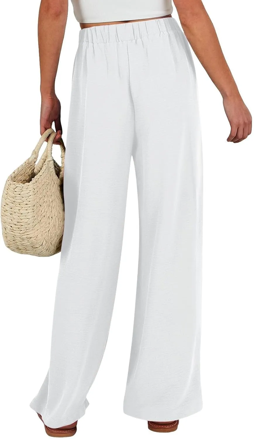 Women's Linen Palazzo Pants Summer Boho Loose Wide Leg High Elastic Waisted Lounge Casual Beach Clothes with Pockets