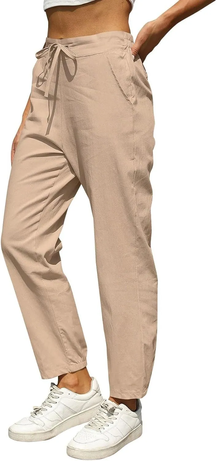 Women's Linen Pants Color Trouser Pant Cotton Blend Drawstring Elastic High Waist Adjustable Knot Loose Casual