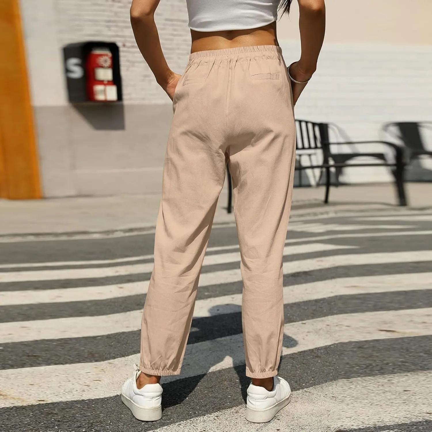 Women's Linen Pants Color Trouser Pant Cotton Blend Drawstring Elastic High Waist Adjustable Knot Loose Casual