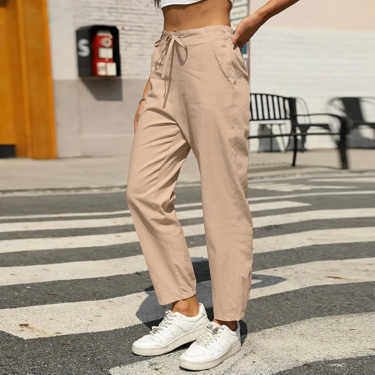 Women's Linen Pants Color Trouser Pant Cotton Blend Drawstring Elastic High Waist Adjustable Knot Loose Casual