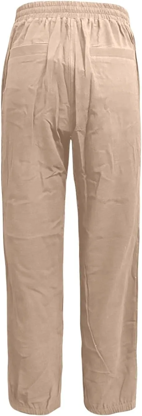 Women's Linen Pants Color Trouser Pant Cotton Blend Drawstring Elastic High Waist Adjustable Knot Loose Casual