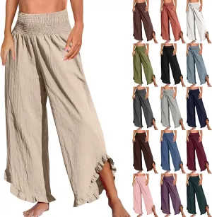 Womens Linen Pants Elastic High Waisted Tummy Control Summer Beach Pants Pull on Travel Vacation Trousers with Pockets