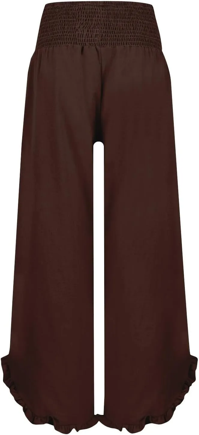 Womens Linen Pants Elastic High Waisted Tummy Control Summer Beach Pants Pull on Travel Vacation Trousers with Pockets