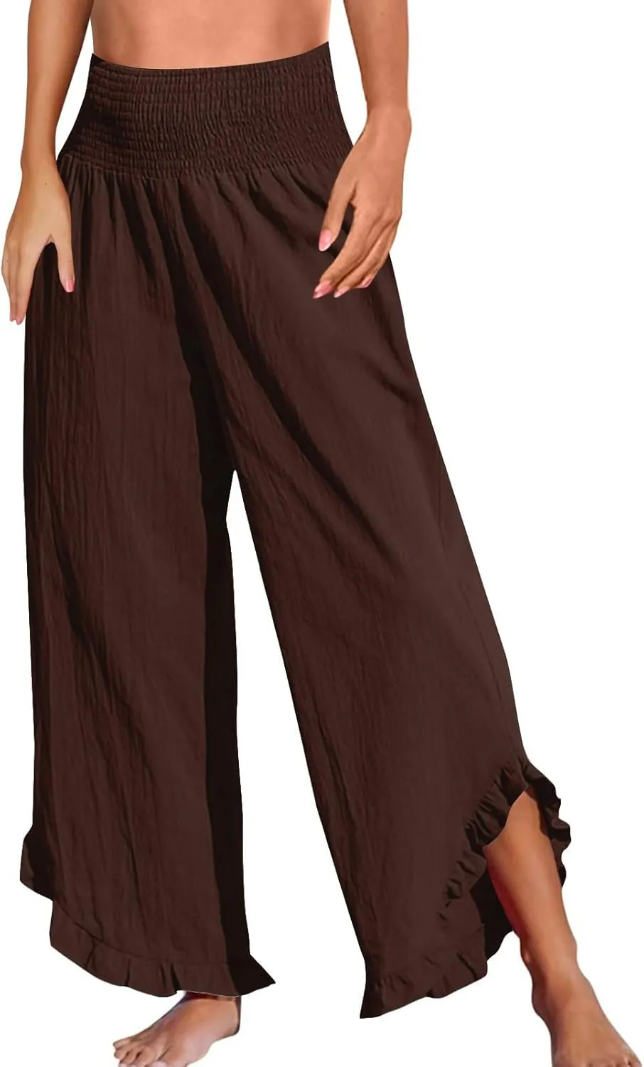 Womens Linen Pants Elastic High Waisted Tummy Control Summer Beach Pants Pull on Travel Vacation Trousers with Pockets