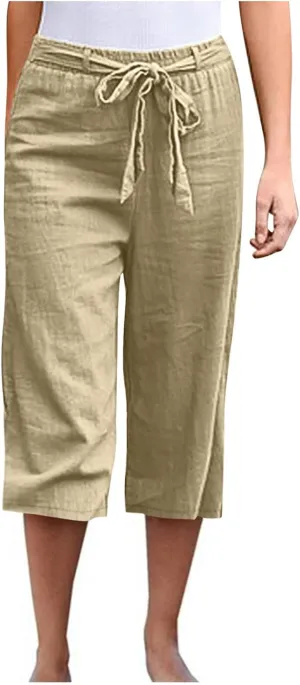 Womens Linen Pants High Waisted Drawstring Wide Leg Trousers Loose Fit Straight Leg Summer Casual Capri Pants
