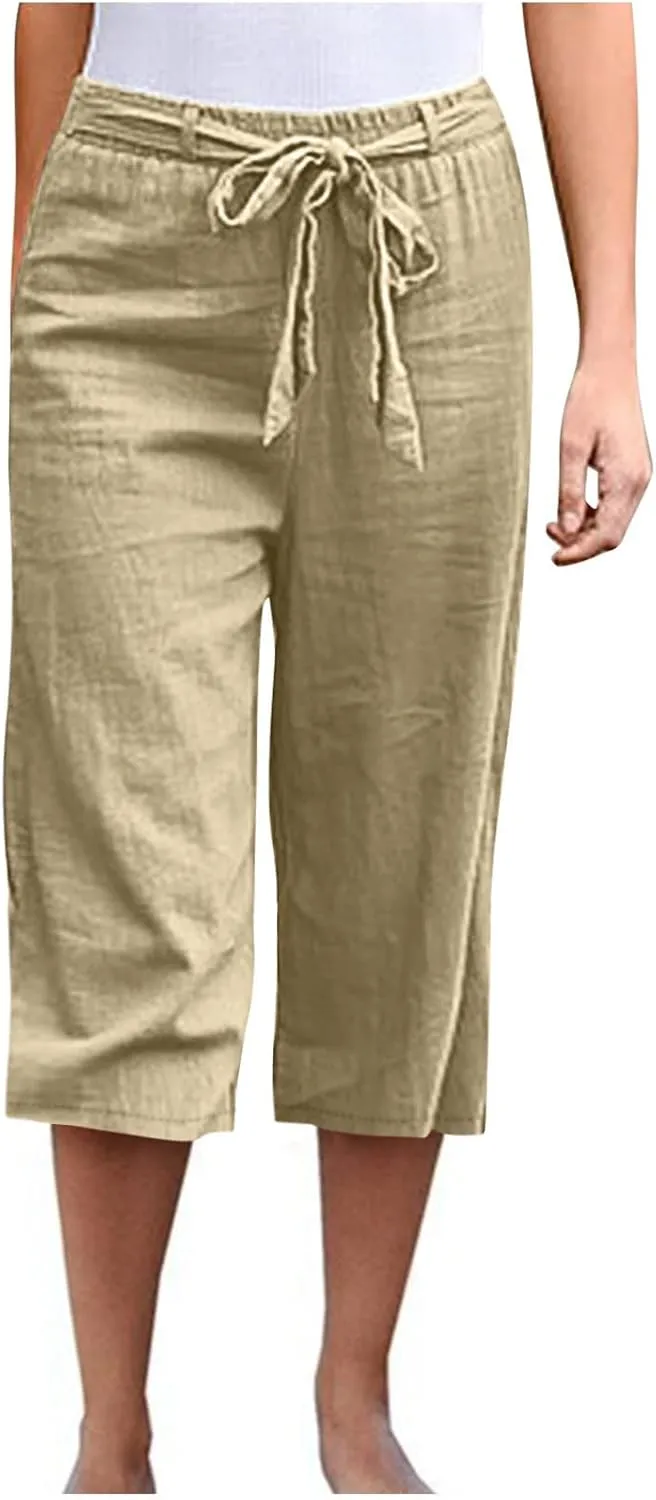 Womens Linen Pants High Waisted Drawstring Wide Leg Trousers Loose Fit Straight Leg Summer Casual Capri Pants