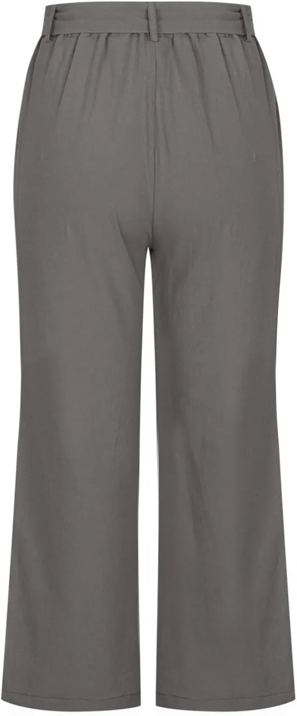Womens Linen Pants High Waisted Drawstring Wide Leg Trousers Loose Fit Straight Leg Summer Casual Capri Pants