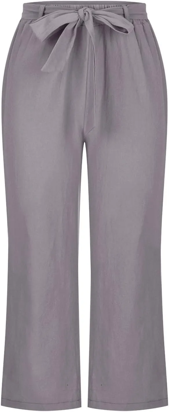 Womens Linen Pants High Waisted Drawstring Wide Leg Trousers Loose Fit Straight Leg Summer Casual Capri Pants