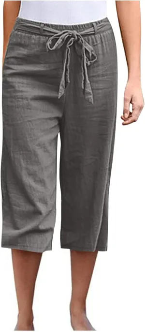 Womens Linen Pants High Waisted Drawstring Wide Leg Trousers Loose Fit Straight Leg Summer Casual Capri Pants