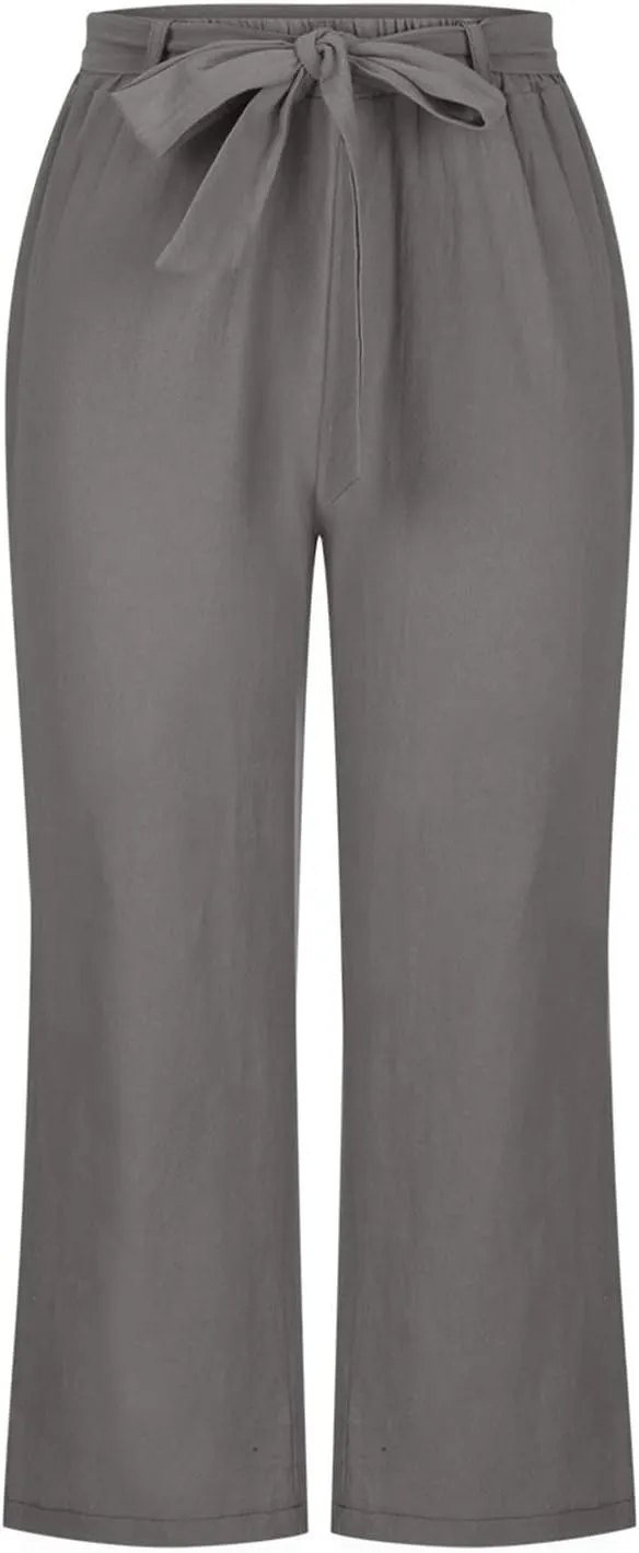 Womens Linen Pants High Waisted Drawstring Wide Leg Trousers Loose Fit Straight Leg Summer Casual Capri Pants