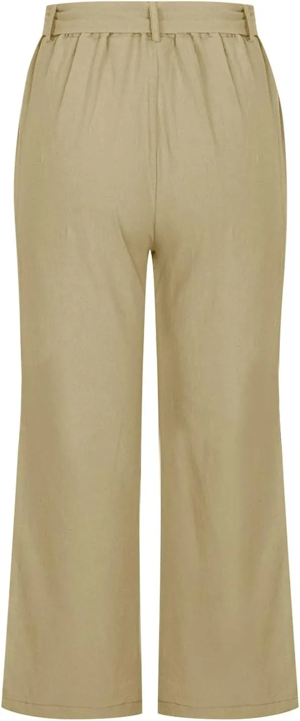 Womens Linen Pants High Waisted Drawstring Wide Leg Trousers Loose Fit Straight Leg Summer Casual Capri Pants