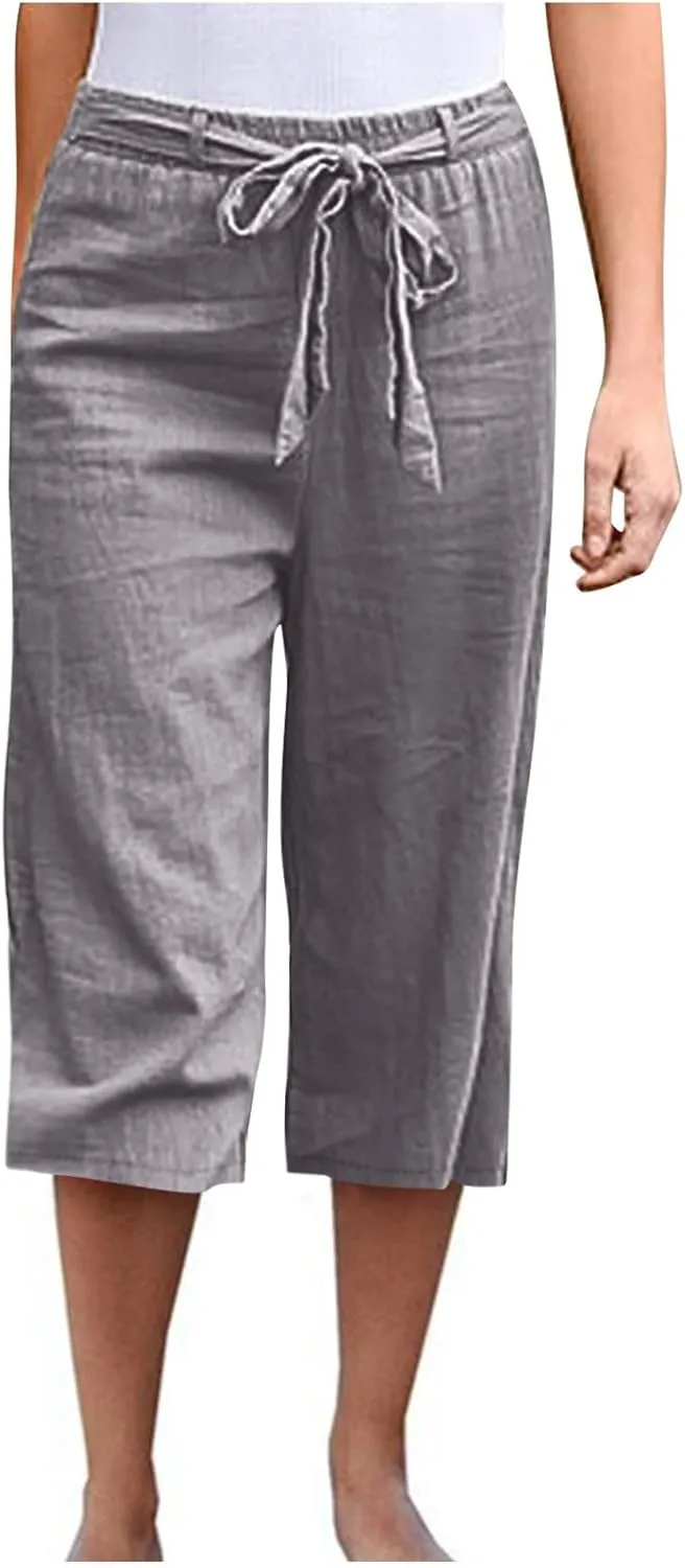 Womens Linen Pants High Waisted Drawstring Wide Leg Trousers Loose Fit Straight Leg Summer Casual Capri Pants