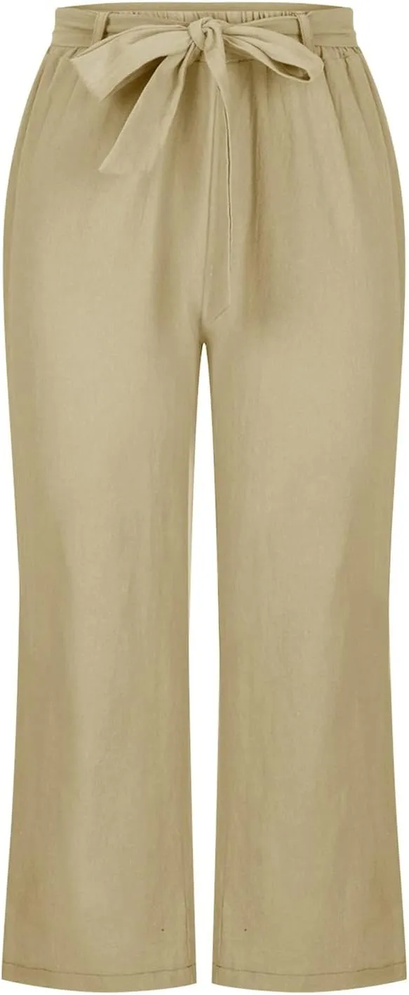 Womens Linen Pants High Waisted Drawstring Wide Leg Trousers Loose Fit Straight Leg Summer Casual Capri Pants