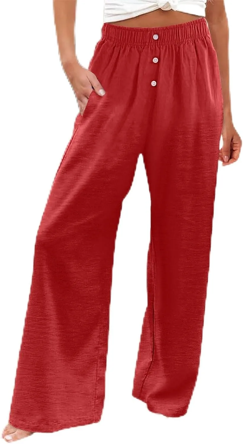 Womens Linen Pants Summer Wide Leg Palazzo High Waist Lightweight Beach Casual Lounge Pant