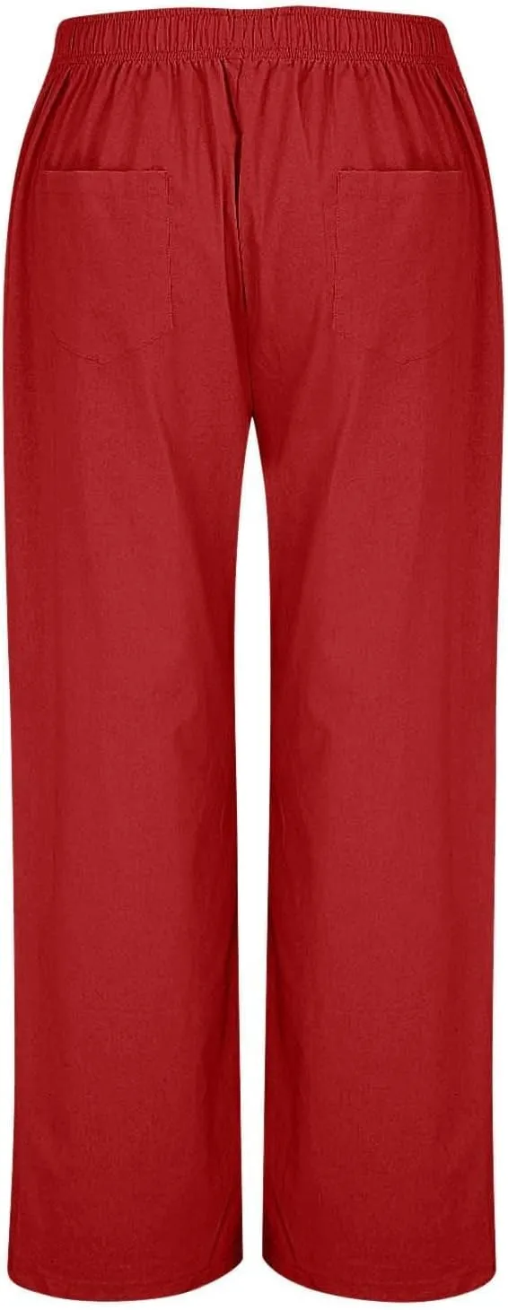 Womens Linen Pants Summer Wide Leg Palazzo High Waist Lightweight Beach Casual Lounge Pant