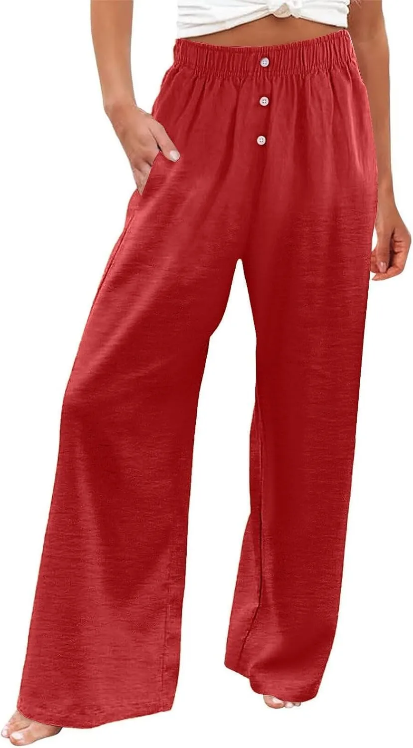 Womens Linen Pants Summer Wide Leg Palazzo High Waist Lightweight Beach Casual Lounge Pant