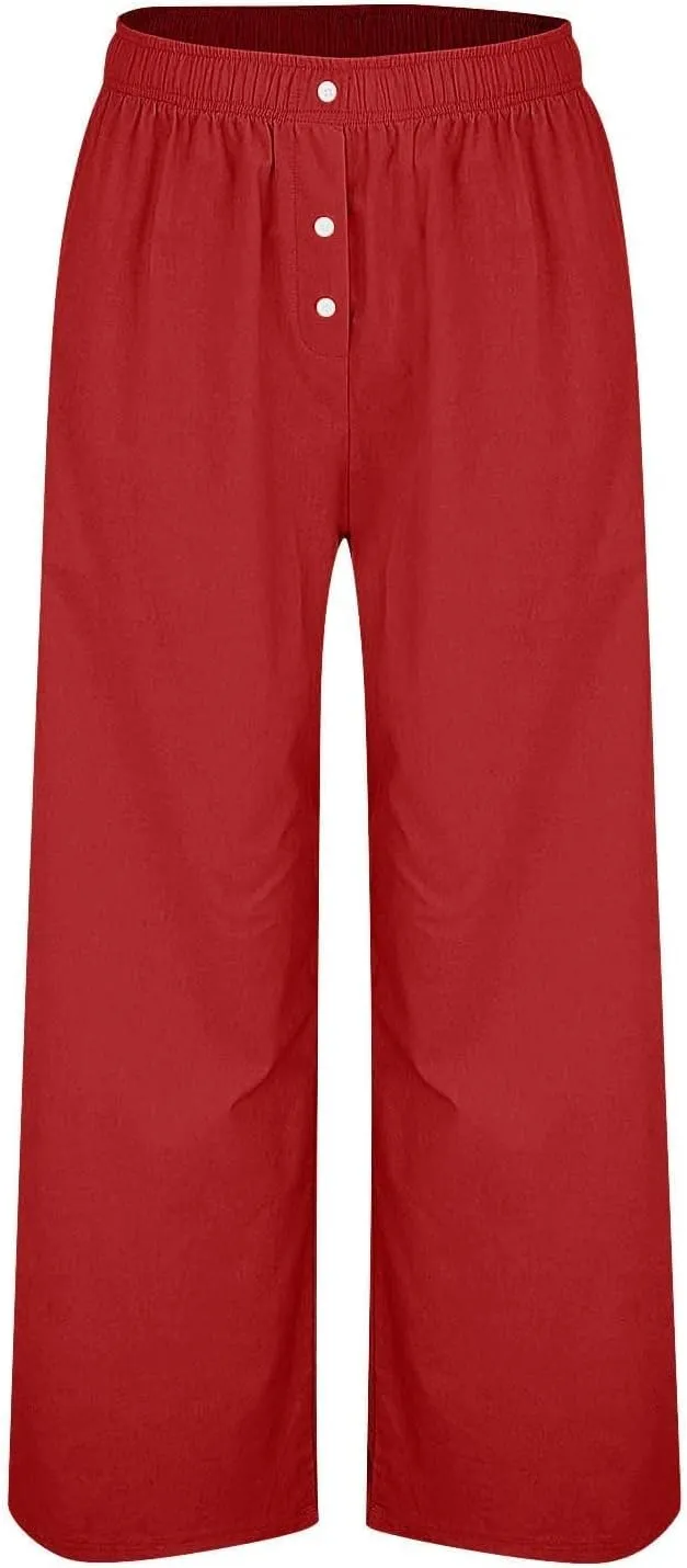Womens Linen Pants Summer Wide Leg Palazzo High Waist Lightweight Beach Casual Lounge Pant