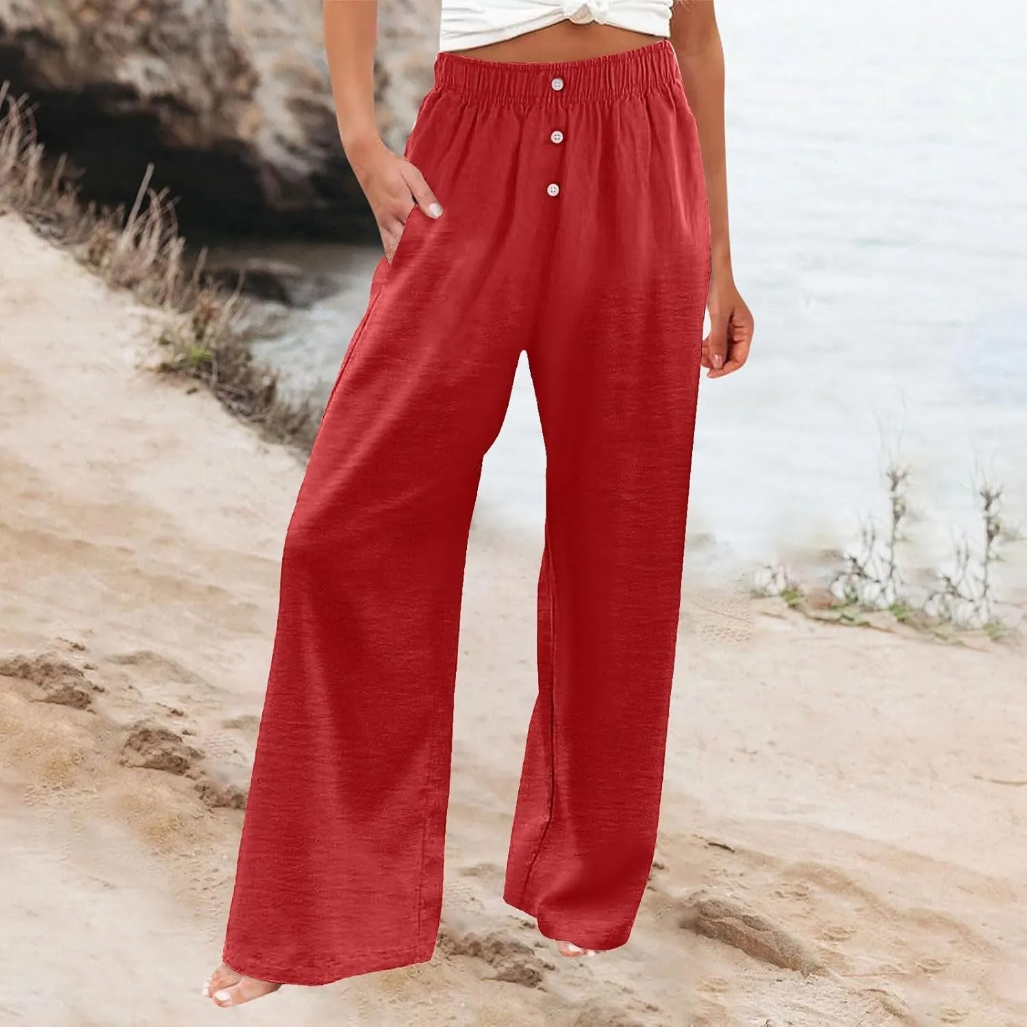 Womens Linen Pants Summer Wide Leg Palazzo High Waist Lightweight Beach Casual Lounge Pant