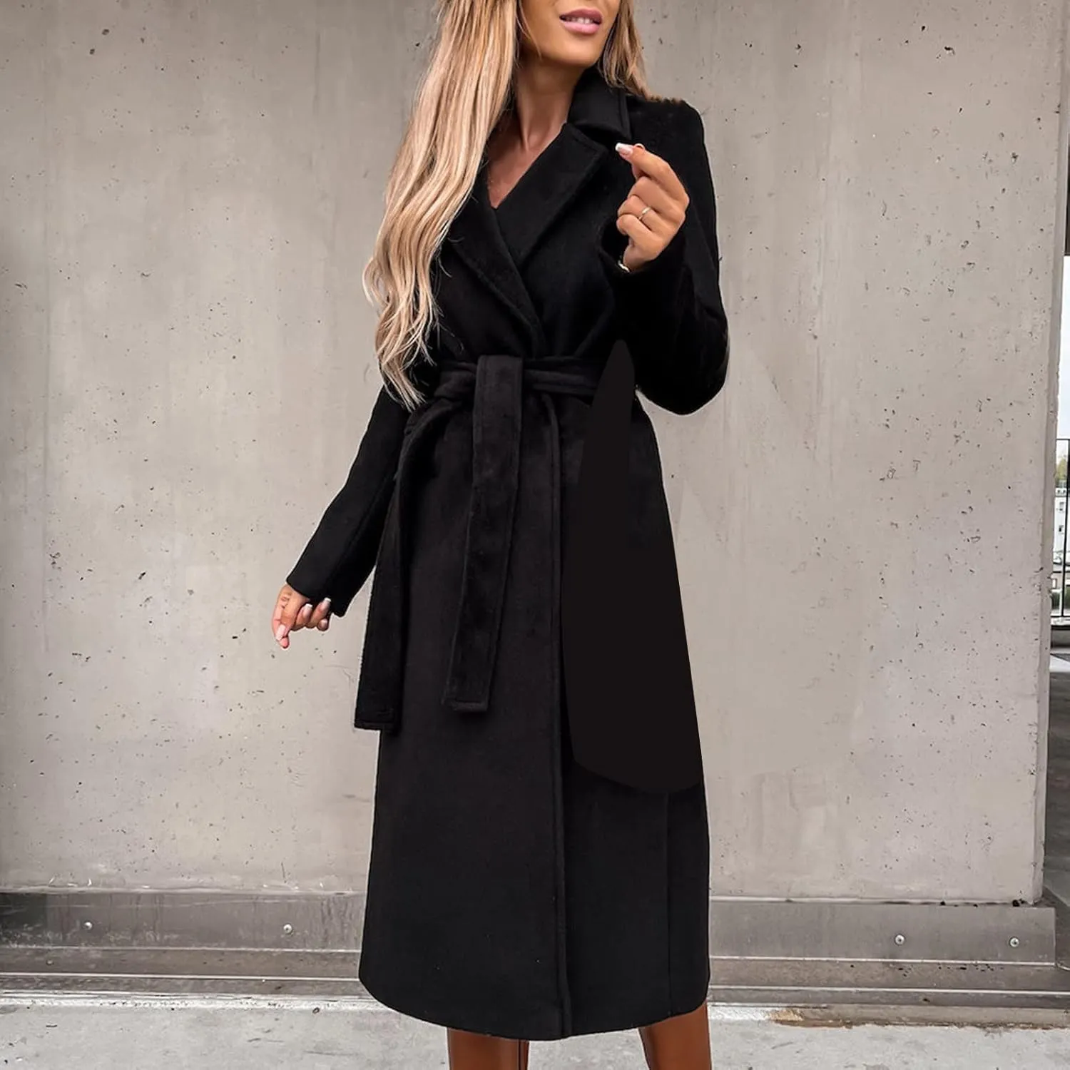 Women's Long Trench Coats Casual Solid Open Front Elegant Jacket Loose Lapel Double Breasted Windbreaker Peacoat with Belt