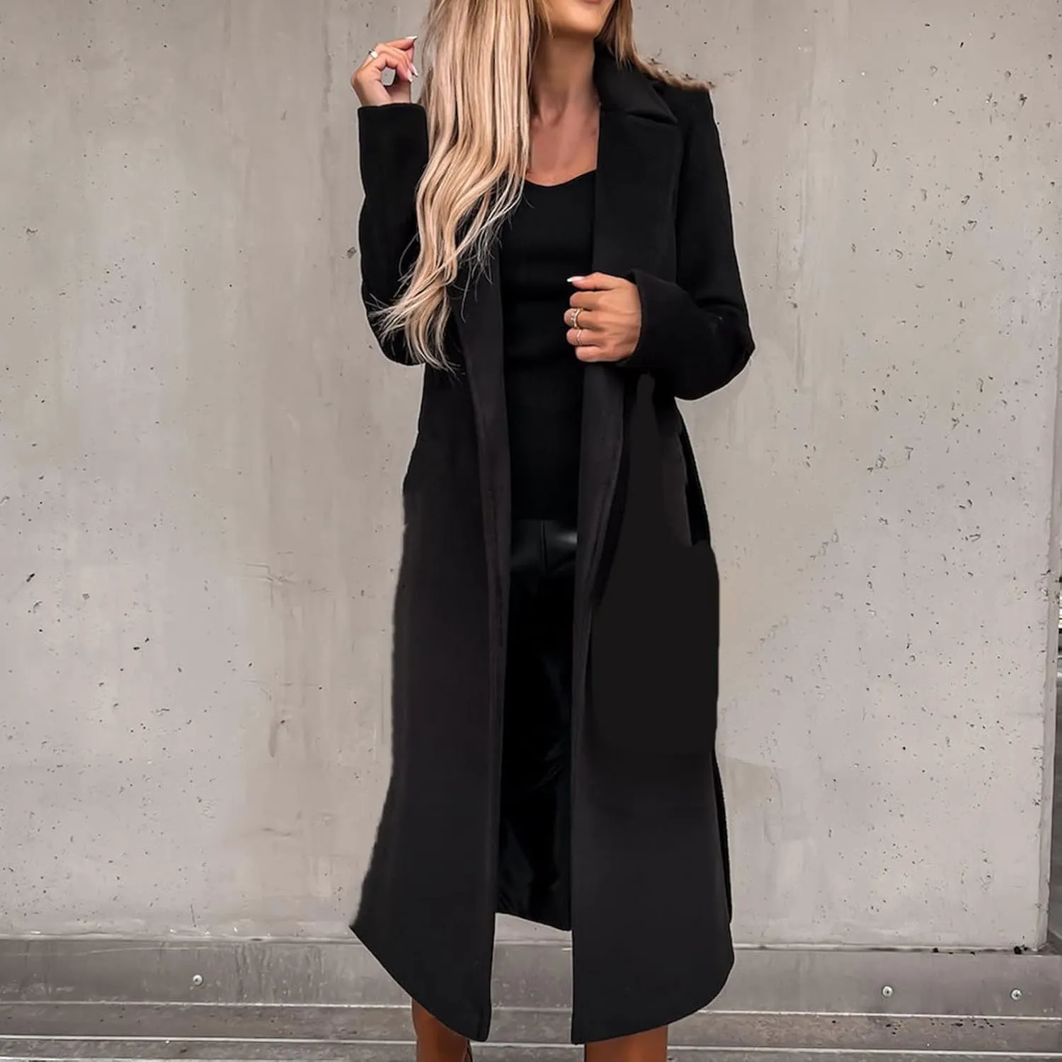 Women's Long Trench Coats Casual Solid Open Front Elegant Jacket Loose Lapel Double Breasted Windbreaker Peacoat with Belt