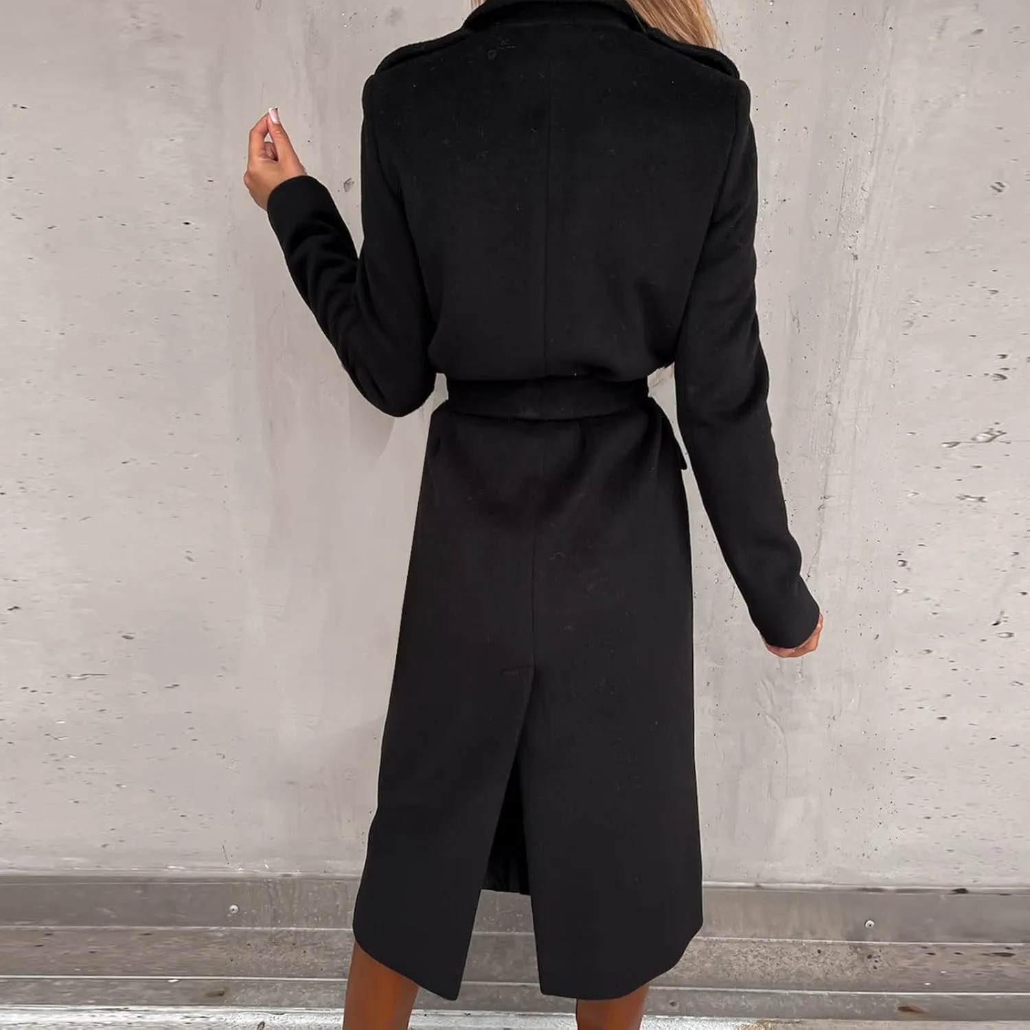 Women's Long Trench Coats Casual Solid Open Front Elegant Jacket Loose Lapel Double Breasted Windbreaker Peacoat with Belt