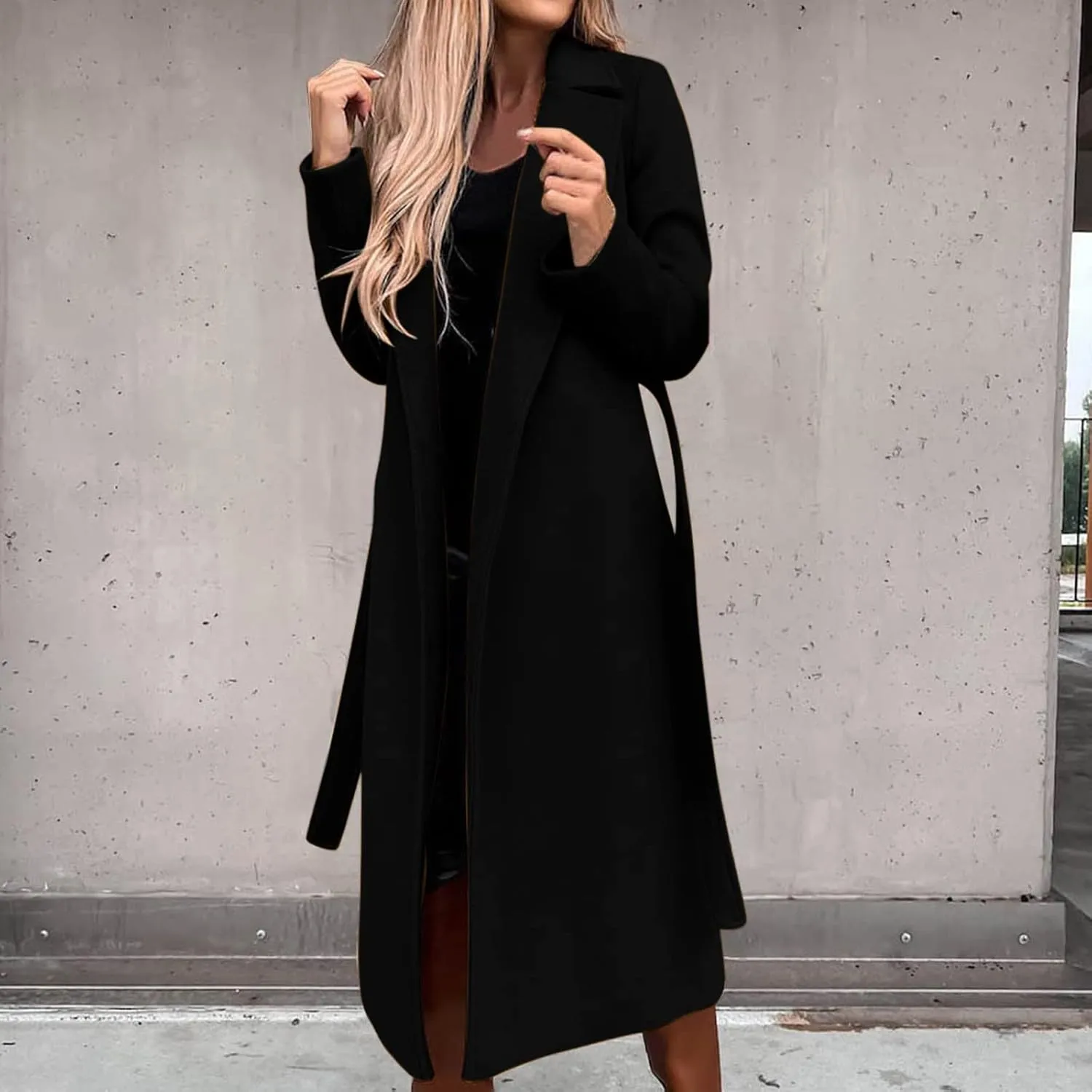 Women's Long Trench Coats Casual Solid Open Front Elegant Jacket Loose Lapel Double Breasted Windbreaker Peacoat with Belt