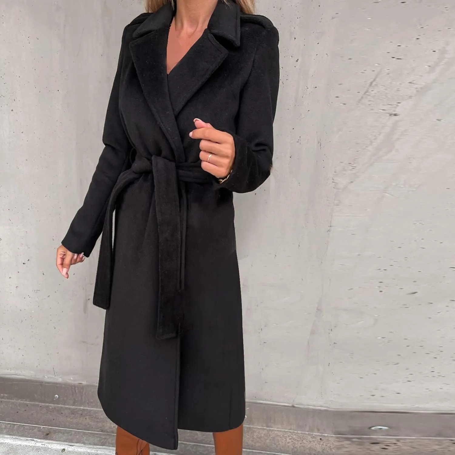 Women's Long Trench Coats Casual Solid Open Front Elegant Jacket Loose Lapel Double Breasted Windbreaker Peacoat with Belt
