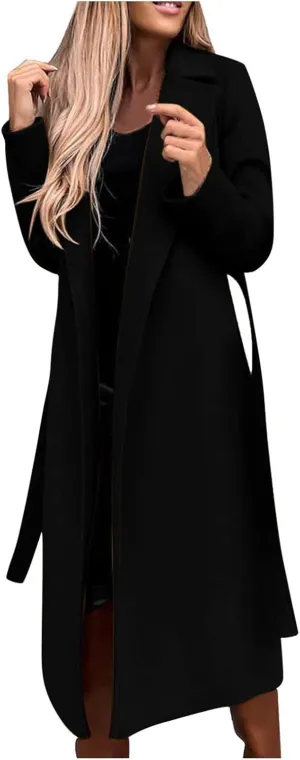 Women's Long Trench Coats Casual Solid Open Front Elegant Jacket Loose Lapel Double Breasted Windbreaker Peacoat with Belt