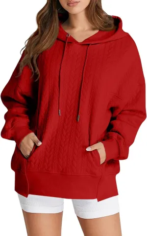 Women's Oversized Hoodies Fall Trendy Textured Long Sleeve Sweatshirt Y2k Casual Comfy Pullover Tops with Pockets
