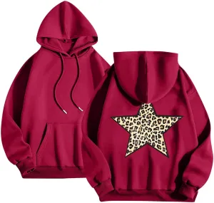 Women's Oversized Sweatshirts Fashion Leopard Star Printed Pullover Casual Athletic Hoodie Cheetah Hoodie with Pocket