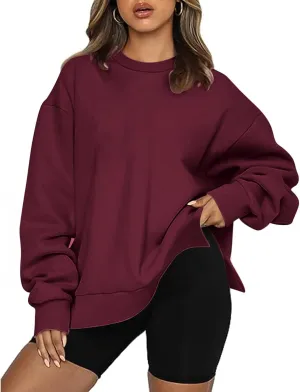 Women's Oversized Sweatshirts Solid Color Long Sleeve Crewneck Hoodies Side Slit Lightweight Pullovers Dailywear