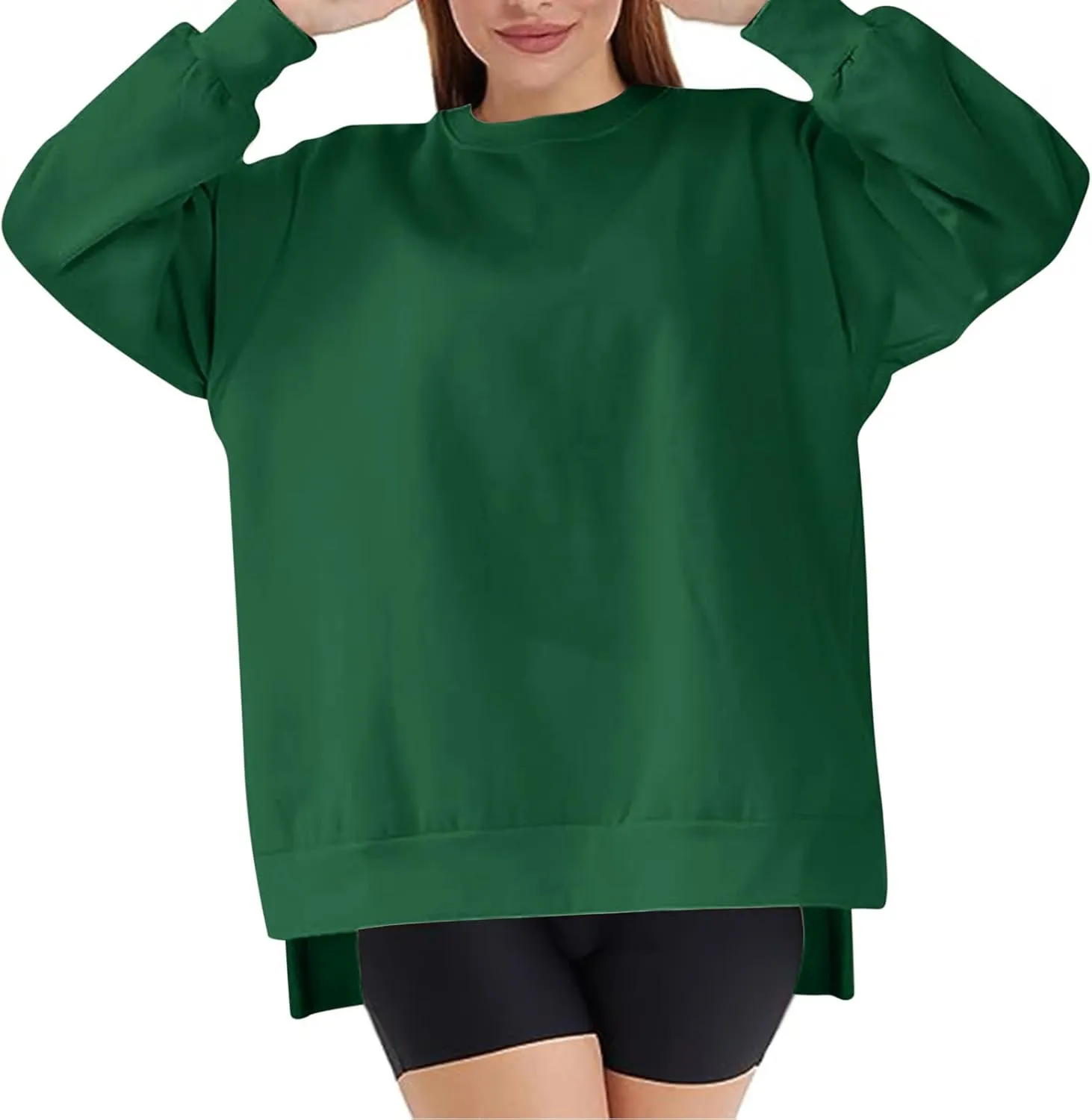 Women's Oversized Sweatshirts Solid Color Long Sleeve Crewneck Hoodies Side Slit Lightweight Pullovers Dailywear