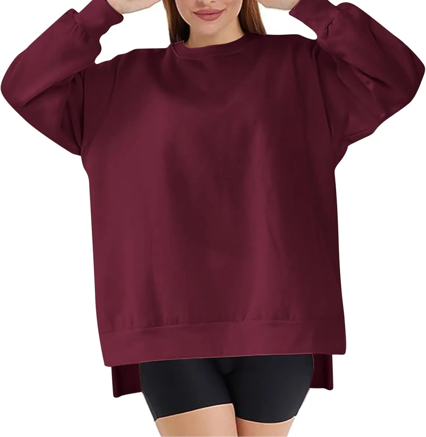 Women's Oversized Sweatshirts Solid Color Long Sleeve Crewneck Hoodies Side Slit Lightweight Pullovers Dailywear