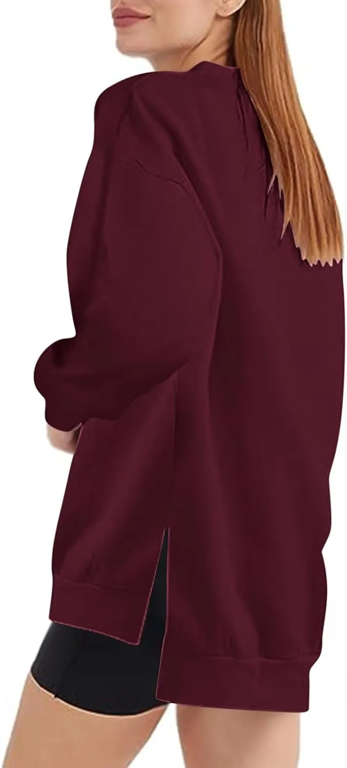 Women's Oversized Sweatshirts Solid Color Long Sleeve Crewneck Hoodies Side Slit Lightweight Pullovers Dailywear