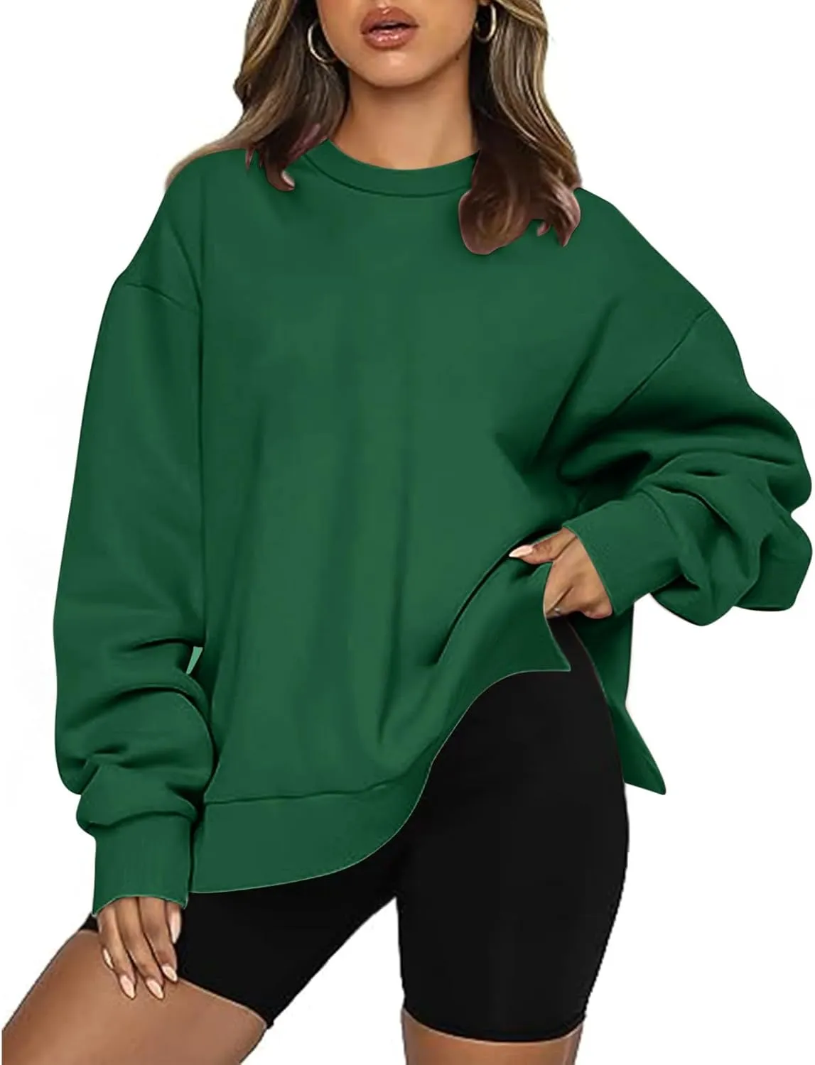 Women's Oversized Sweatshirts Solid Color Long Sleeve Crewneck Hoodies Side Slit Lightweight Pullovers Dailywear