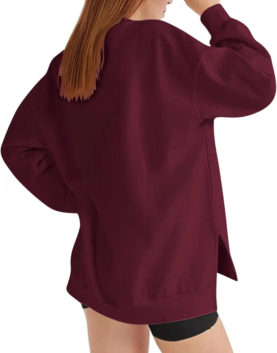 Women's Oversized Sweatshirts Solid Color Long Sleeve Crewneck Hoodies Side Slit Lightweight Pullovers Dailywear
