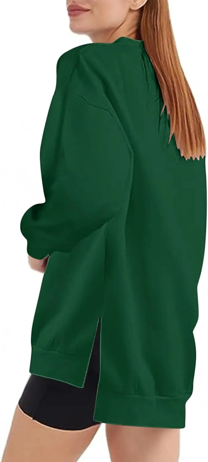 Women's Oversized Sweatshirts Solid Color Long Sleeve Crewneck Hoodies Side Slit Lightweight Pullovers Dailywear