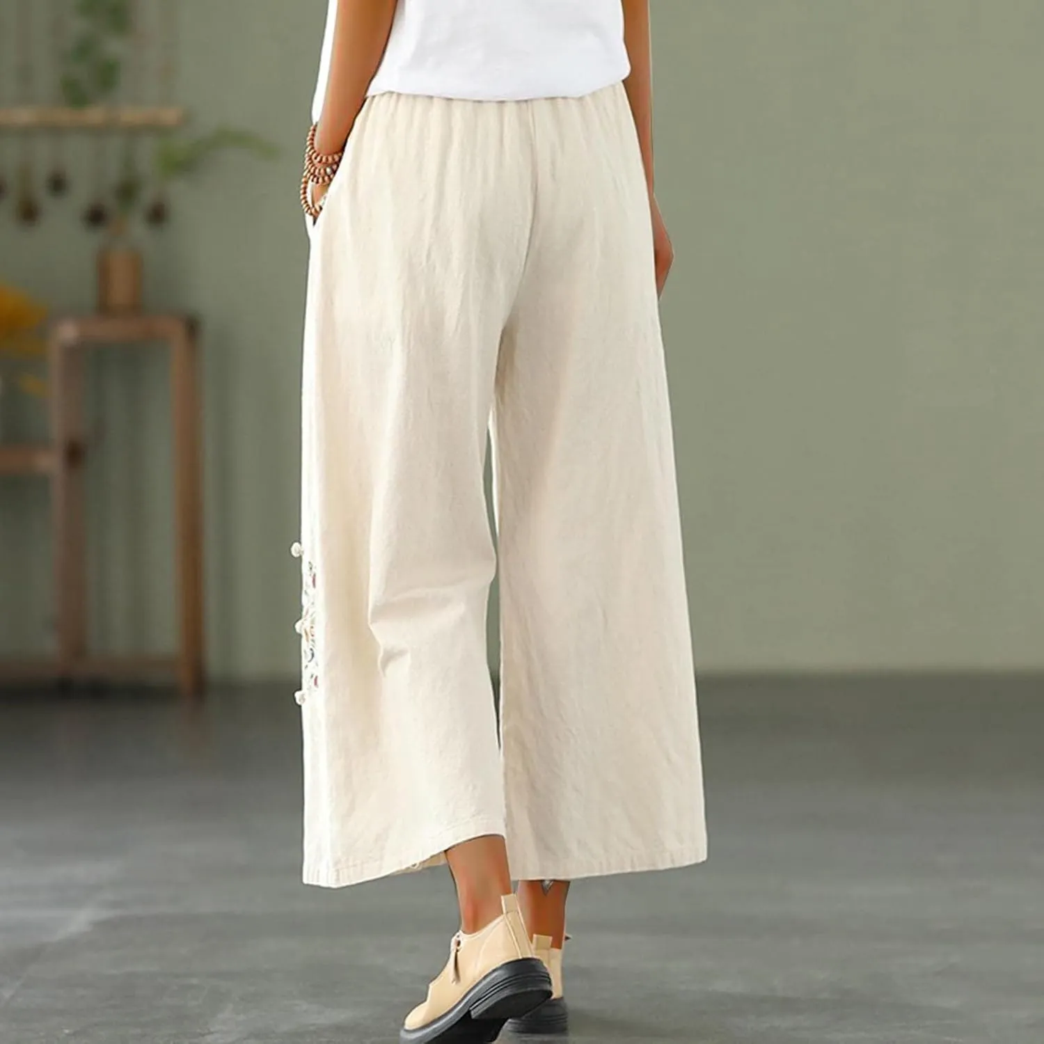 Women's Palazzo Pants Casual Plus Size Linen Wide Leg Pants Baggy Ankle Length Floral Embroidered Pants with Pockets
