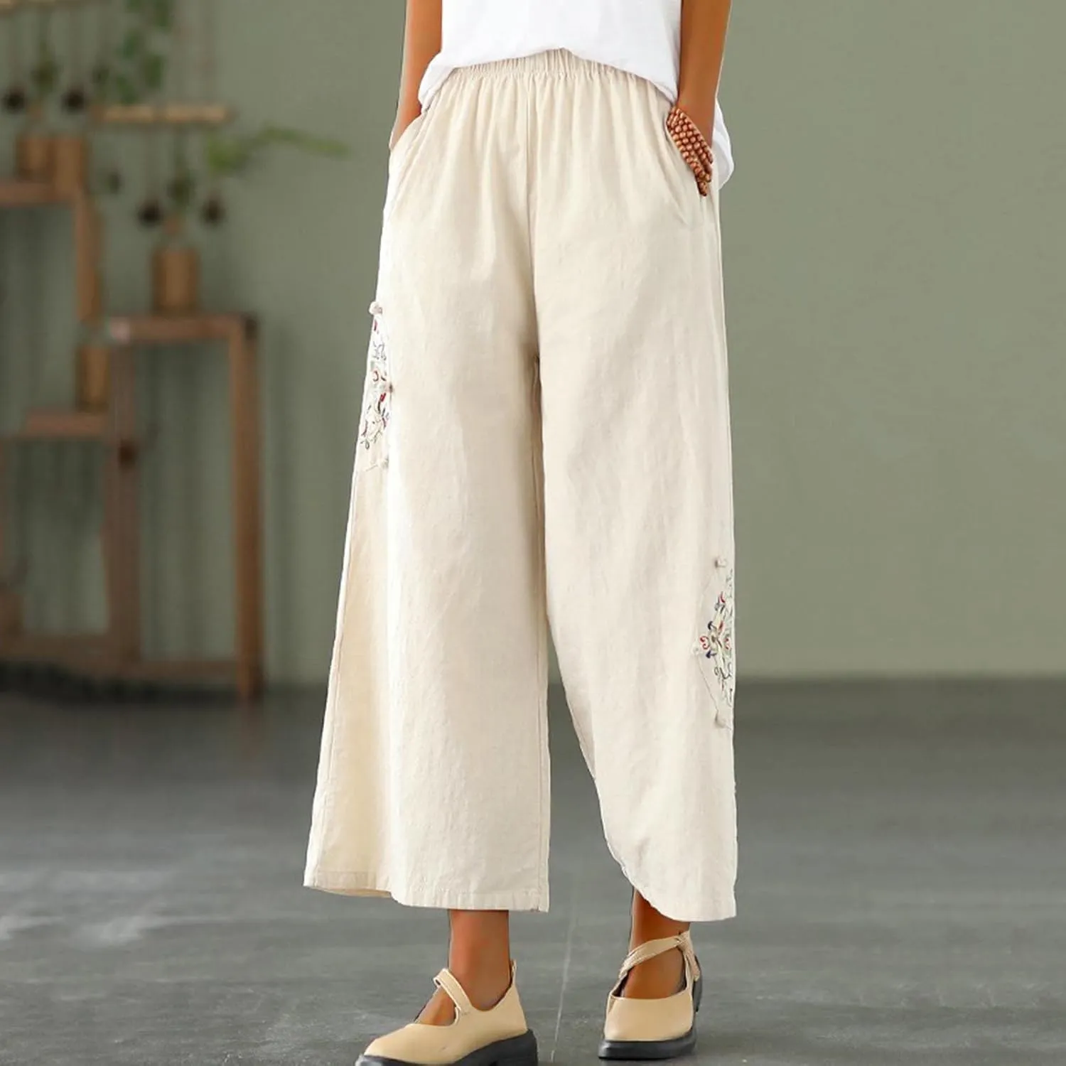 Women's Palazzo Pants Casual Plus Size Linen Wide Leg Pants Baggy Ankle Length Floral Embroidered Pants with Pockets