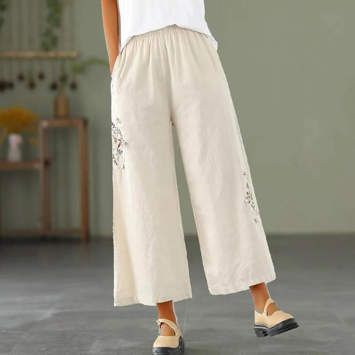 Women's Palazzo Pants Casual Plus Size Linen Wide Leg Pants Baggy Ankle Length Floral Embroidered Pants with Pockets
