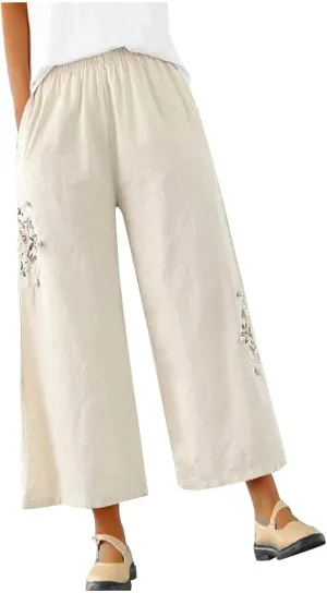 Women's Palazzo Pants Casual Plus Size Linen Wide Leg Pants Baggy Ankle Length Floral Embroidered Pants with Pockets