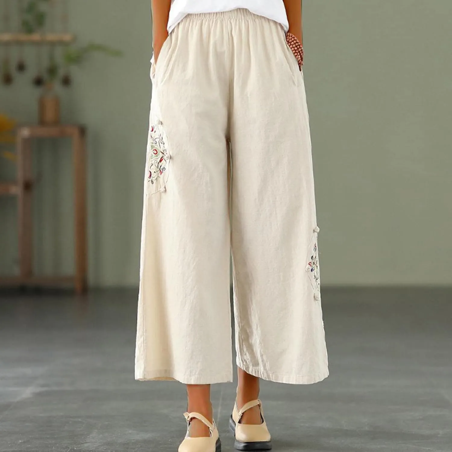 Women's Palazzo Pants Casual Plus Size Linen Wide Leg Pants Baggy Ankle Length Floral Embroidered Pants with Pockets