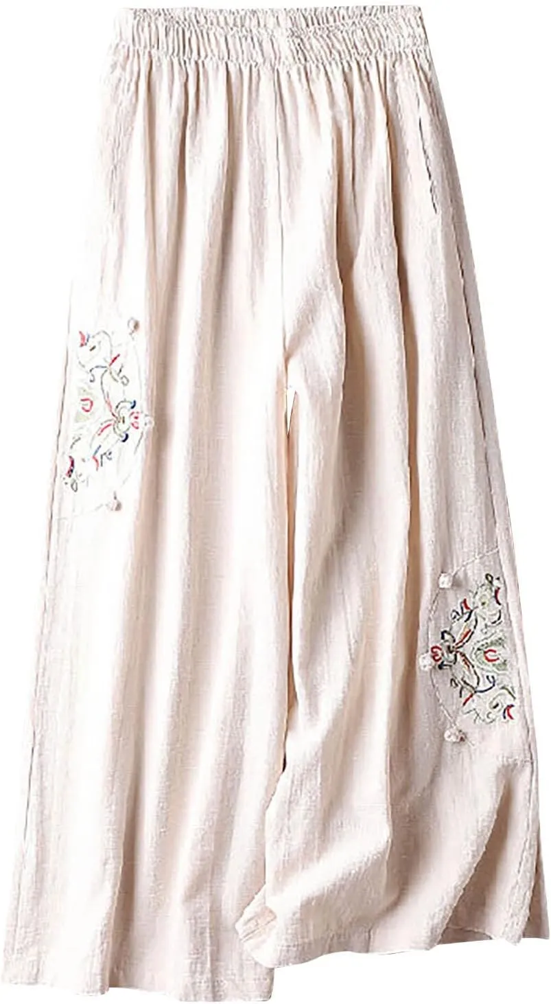 Women's Palazzo Pants Casual Plus Size Linen Wide Leg Pants Baggy Ankle Length Floral Embroidered Pants with Pockets