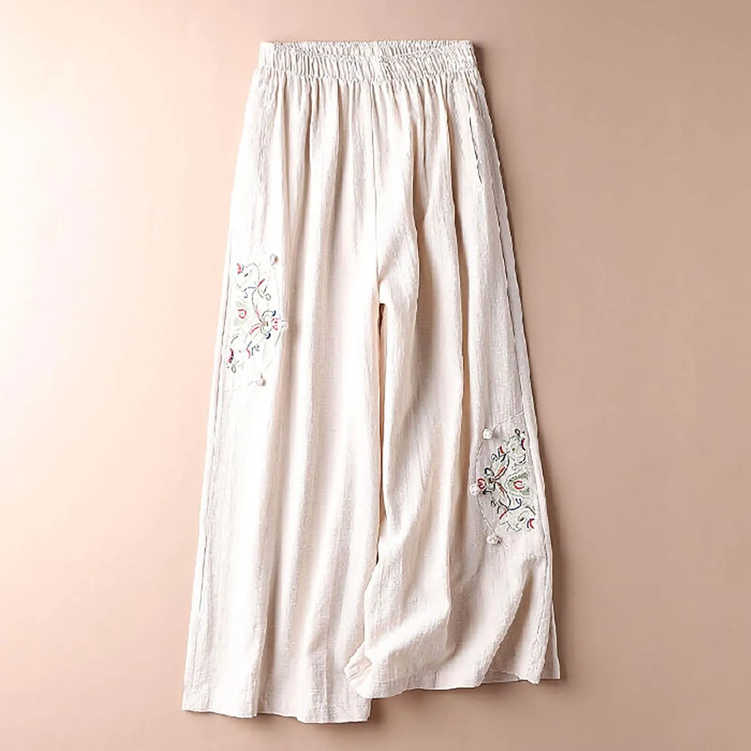 Women's Palazzo Pants Casual Plus Size Linen Wide Leg Pants Baggy Ankle Length Floral Embroidered Pants with Pockets