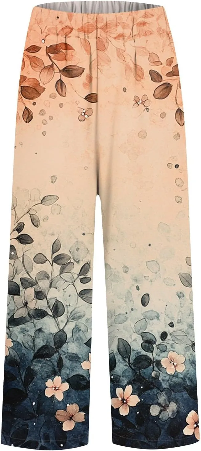 Womens Pants Casual Boho Floral Print Cotton Linen Pants Elastic Waisted Summer Beach Vacation Trouser with Pockets
