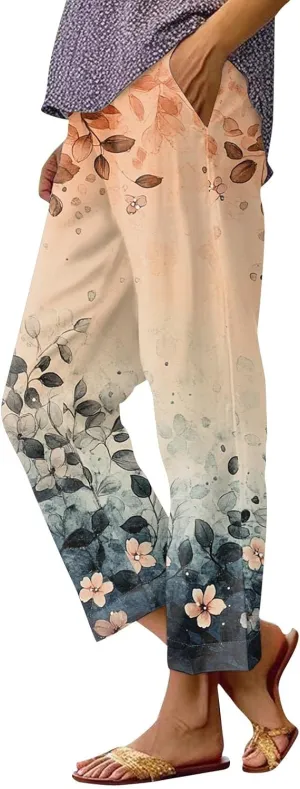 Womens Pants Casual Boho Floral Print Cotton Linen Pants Elastic Waisted Summer Beach Vacation Trouser with Pockets