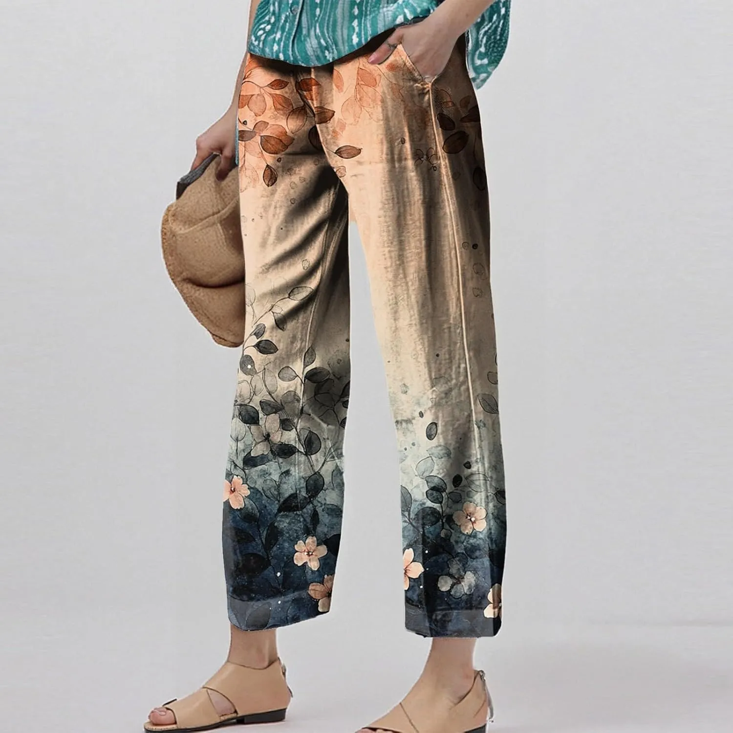 Womens Pants Casual Boho Floral Print Cotton Linen Pants Elastic Waisted Summer Beach Vacation Trouser with Pockets