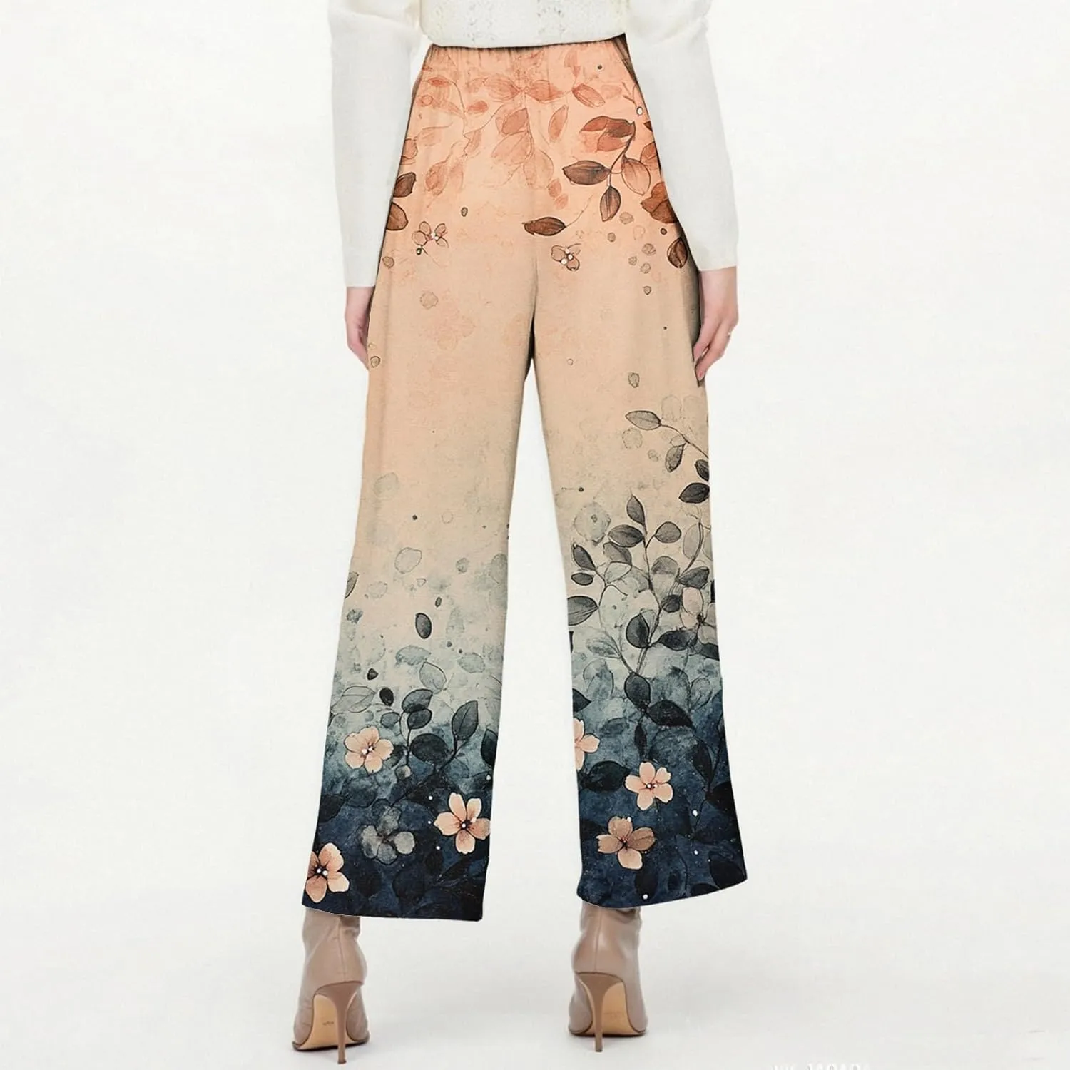 Womens Pants Casual Boho Floral Print Cotton Linen Pants Elastic Waisted Summer Beach Vacation Trouser with Pockets